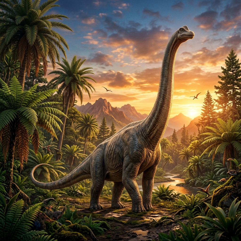 Majestic Brontosaurus in prehistoric jungle